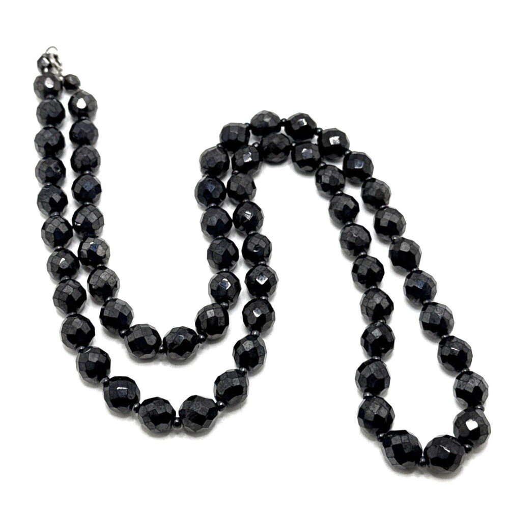 Vintage Czech Fire-Polished Faceted Glass Bead Necklace Hematite Gunmetal Black